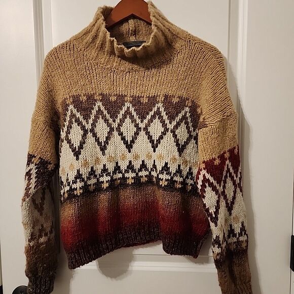 Elsamanda Anthropologie Wool Fair Isle Chunky Turtleneck Sweater Size L Tan - Picture 1 of 7